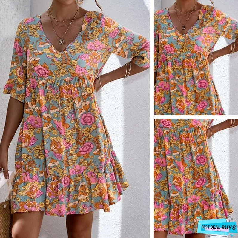 Spring/Summer Ruffled Mid Sleeve Printed Women's Dress with Loose Pleated Dress
