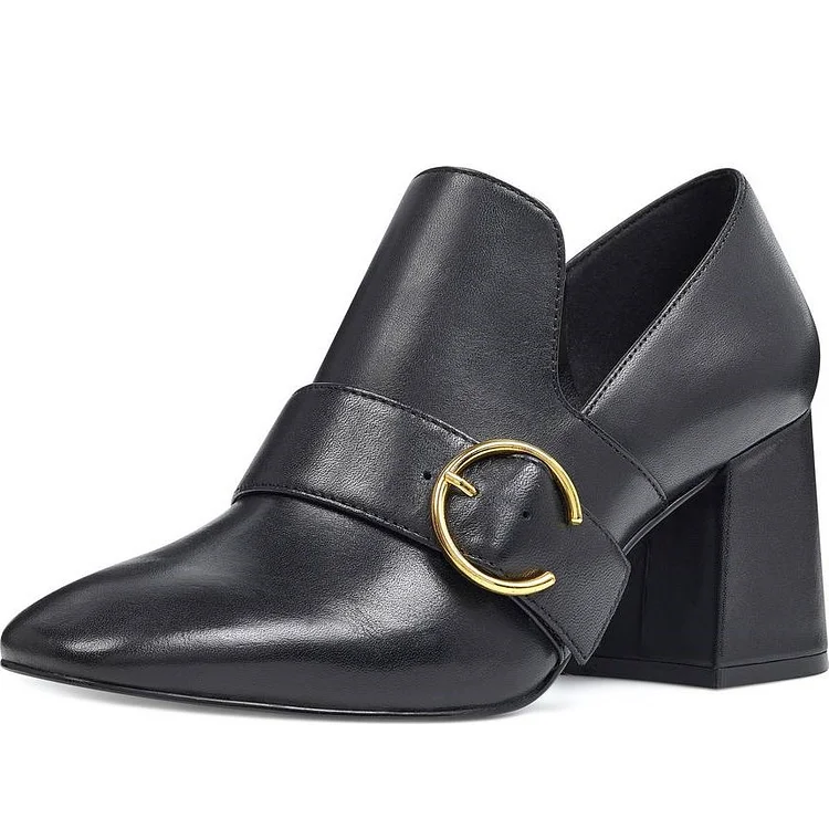 Black Slip On Square Toe Block Heel Women's Loafers with Buckle |FSJ Shoes