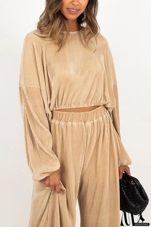 MidiSono - Pleated Crop Blouse Wide Leg Pants Set