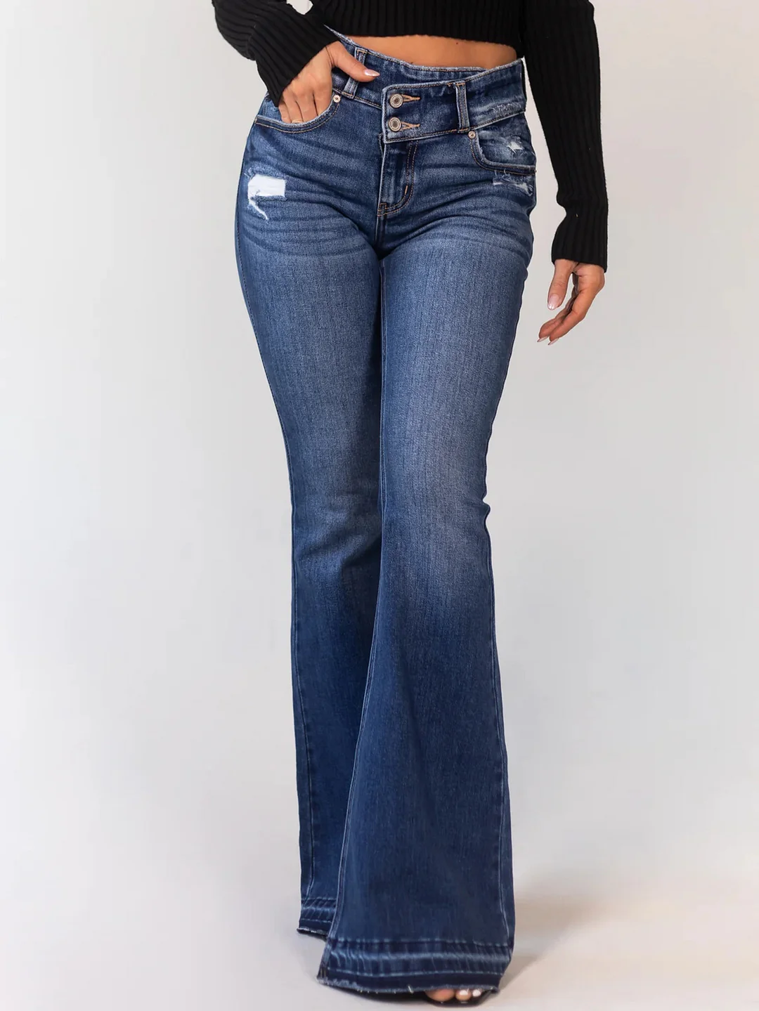 Women's Ripped Button Elastic Jeans Flared Pants