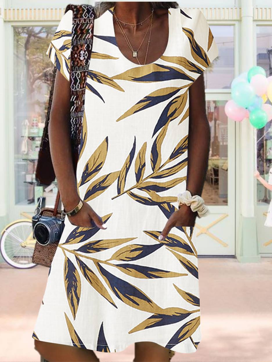 Women Short Sleeve V-neck Printed Midi Dress With Pockets