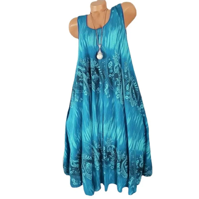Uveng Temperament Commute Summer Digital Print Sleeveless Round Neck Dress