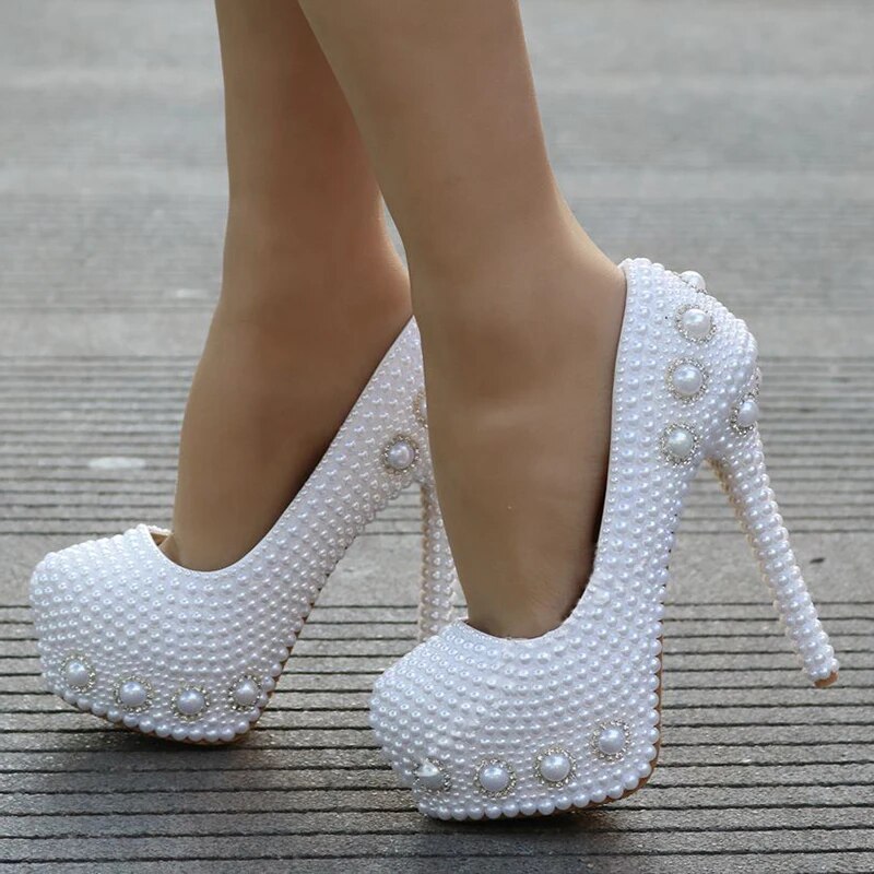 TAAFO White Pearl Fine Platform Heels Round Toe Platform Evening Heels Women'S