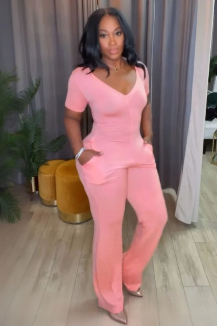 Wide V Neck Short Sleeve Cinch Waist Solid Daily Jumpsuit-Pink [Pre Order]