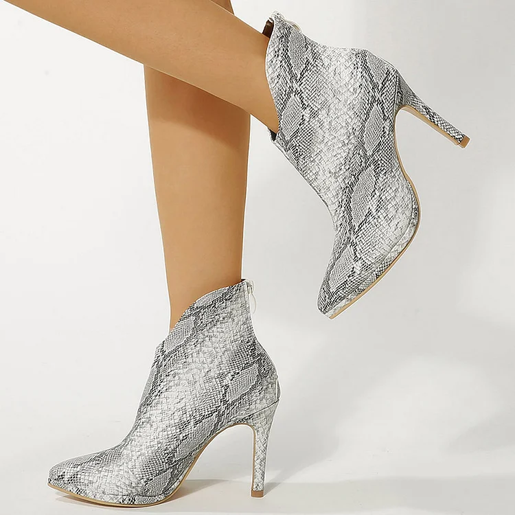 Silver Classic Snakeskin Pointy Stiletto Heel Lowcut Ankle Boots Vdcoo