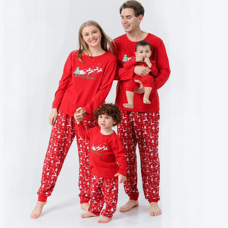Christmas round collar red print parent-child suit