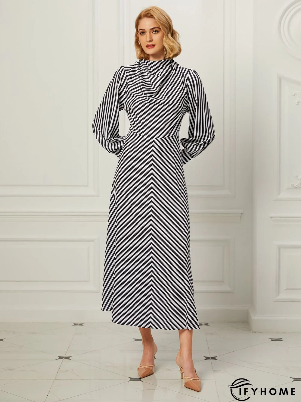 Fall A-Line Long Sleeve Stand Collar Lady Evening Dresses | IFYHOME