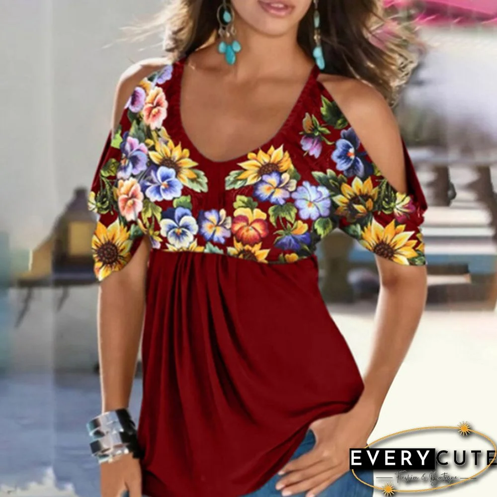Fashion Summer Women Retro Flower Graphic Women Casual U-neck Tees Tops Loose Shoulder Blouse Short Bat Sleeve Tee Plus Size