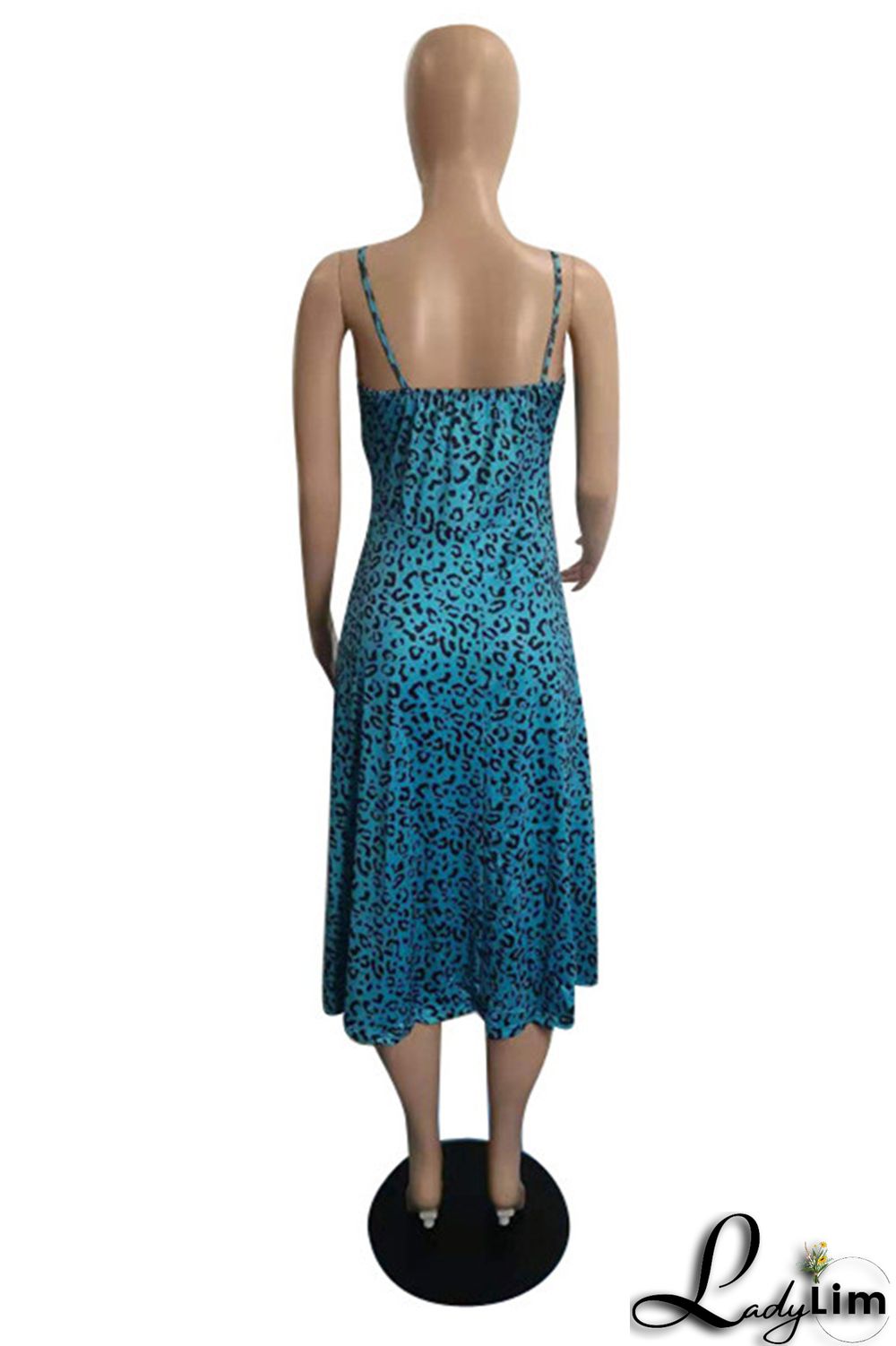 Deep Blue Fashion Sexy Print Backless Slit Square Collar Sling Dress