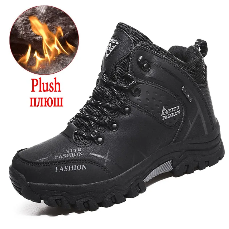 Brand Men's Snow Boots Winter Plush Warm Mens Ankle Boots Waterproof Leather Sneakers Outdoor Male Hiking Boots Work Shoes 39-47