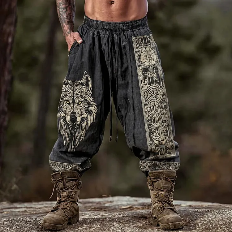 Vintage Viking Style Wolf Head Viking Font Long Pants
