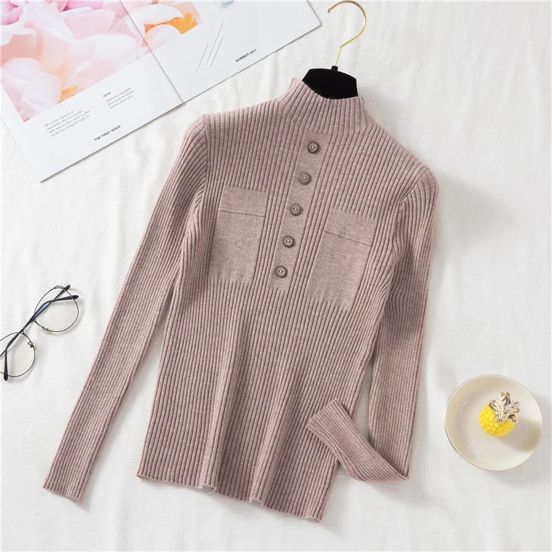 Zoki Pullover Women Sweater Autumn Knitted Button Long Sleeve Half Turtleneck Female Jumper Elastic Korean Fashion Blouse Top