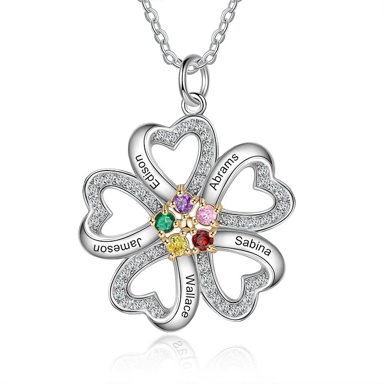 Personalized Flower Heart Necklace with 5 Birthstones Blossom Necklace
