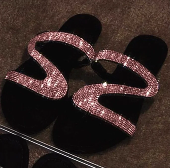 Qengg New Women's Slippers Fashion Rhinestone Home Flat Sandals Outdoor Snake Pattern Multicolor Comfortable Flip Flops Chinelo Casa