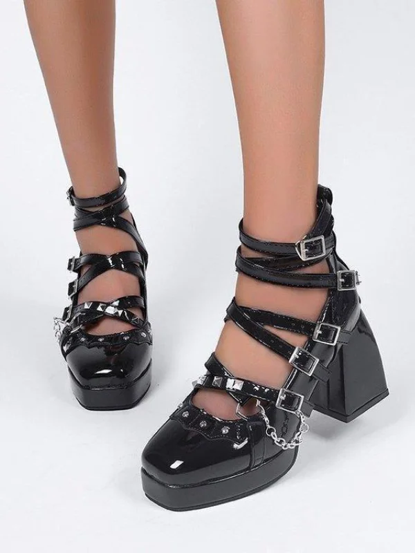 Bandaged PU Chains-trimmed Mentals Mary Jane Pump