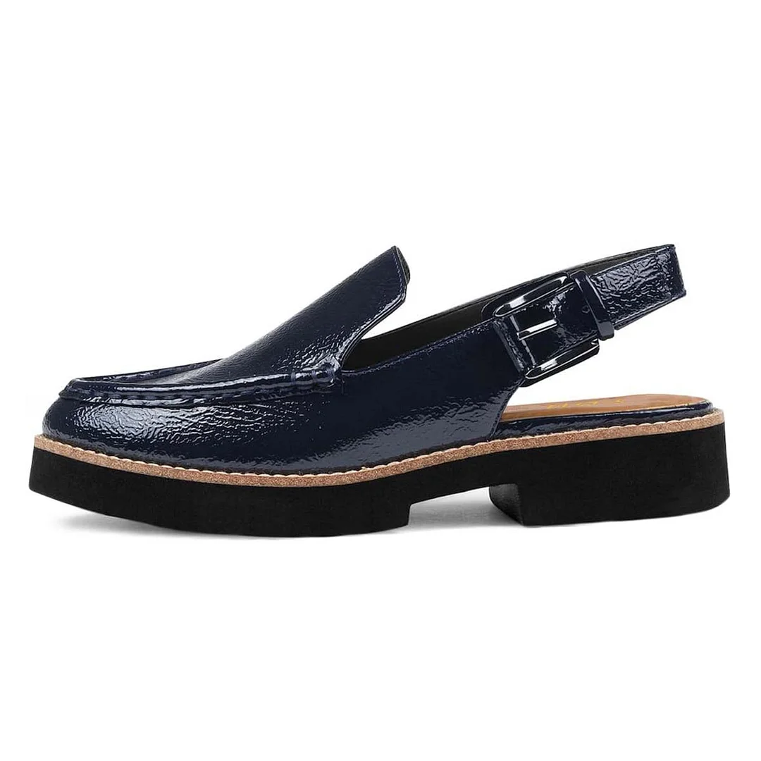 Navy Buckle Round Toe Block Heel Slingback Shoes with Platform