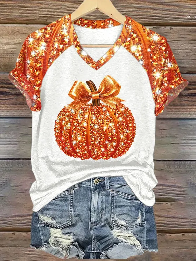 V-Neck Retro Color Block Autumn Pumpkin Bow Print T-Shirt 