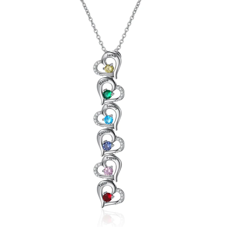 Collar con 6 colgantes de corazón con 6 nombres personalizados y 6 piedras de nacimiento