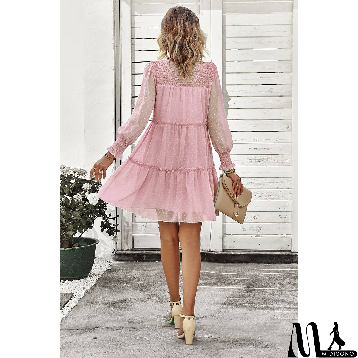 MidiSono - Dot Solid Ruched Color Block Ruffle Lined Midi Dress