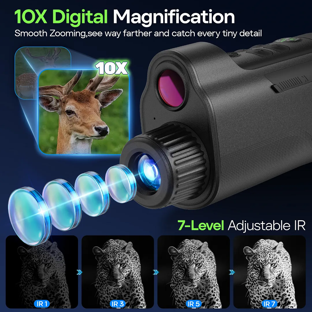 BEBANG 10X Night Vision Monocular, 1080P Infrared Monocular with 2" HD Screen, 2200mAh Rechargeable Battery for Camping Hiking & Security, 32GB