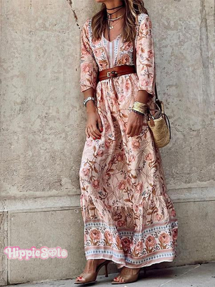Women’s Bohemian Printed Midi V-Neck Dress Multicolor / S