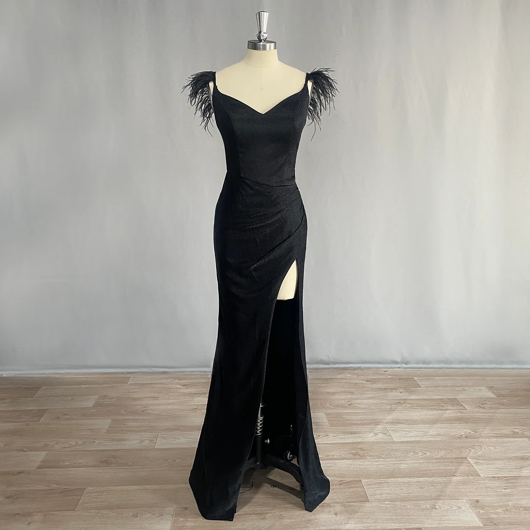 Spaghetti Straps Black Sleeveless Mermaid Prom Dress High Side Slit Feather  Evening Party. Gown Floor Length