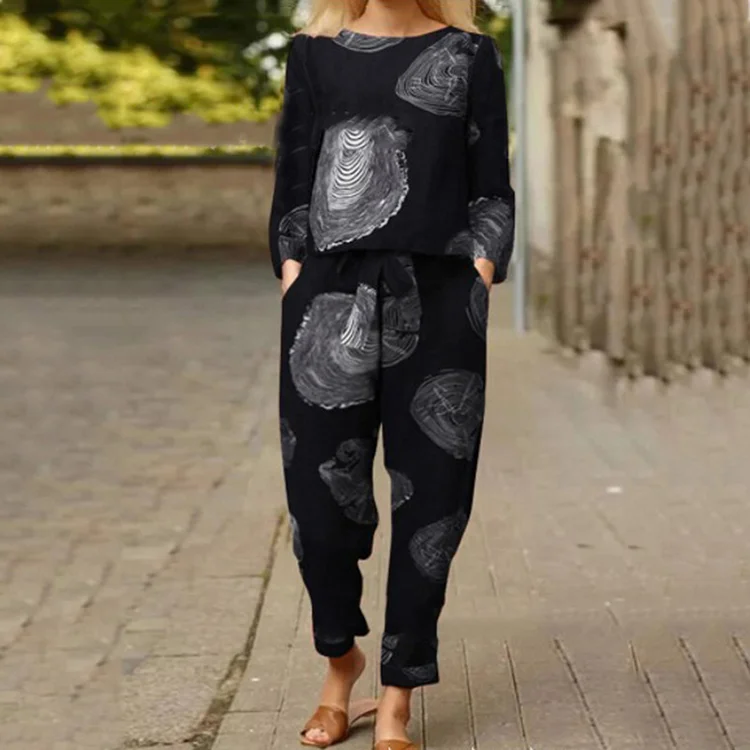 Casual Linen Cotton Print Two Piece Set