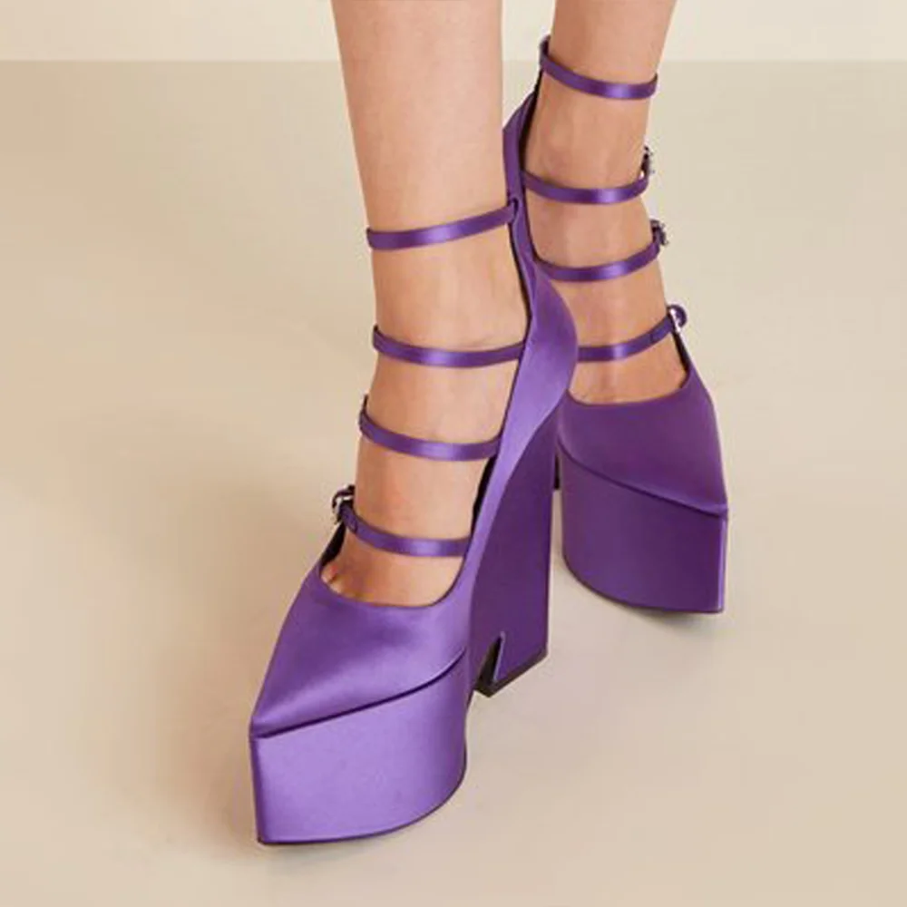 Purple Satin Closed Pointed Toe Buckled Strappy Platform Pumps With Wedge Heels Nicepairs