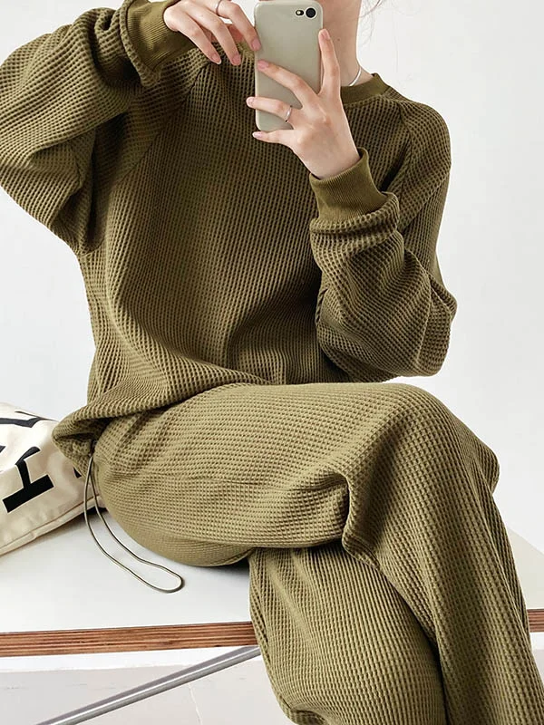 Casual Pure Color Roomy Round-Neck Long Sleeves T-Shirt+Wide Legs Pants 2 Pieces Set
