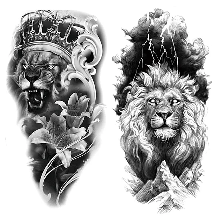 2 Sheets Waterproof Arm Leg Fake Temporary Tattoo - Lion Family Roar Crown Eye Flower Lady