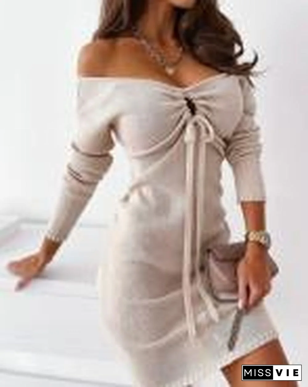 Drawstring Front V-Neck Sweater Dress