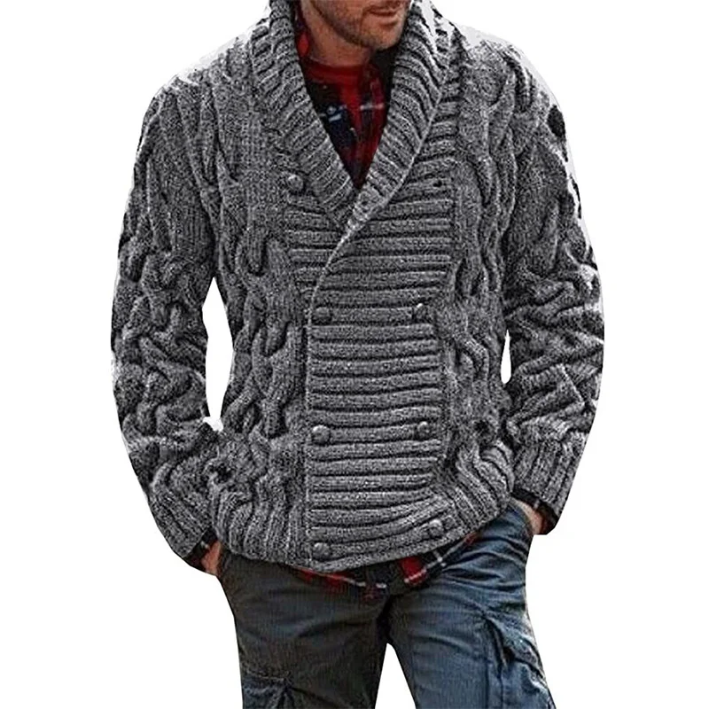 Wongn Wongn New Men's V-Neck Double Breasted Thick Knit Cardigan Sweater