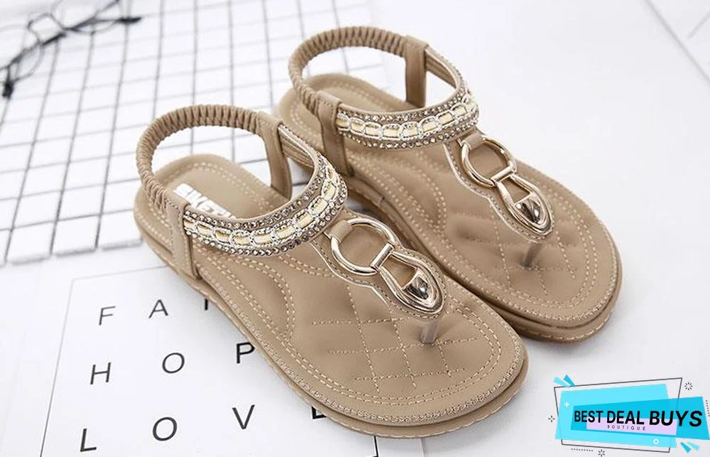 Women String Bead Flip Flop Metal Decoration Wedge Beach Sandals
