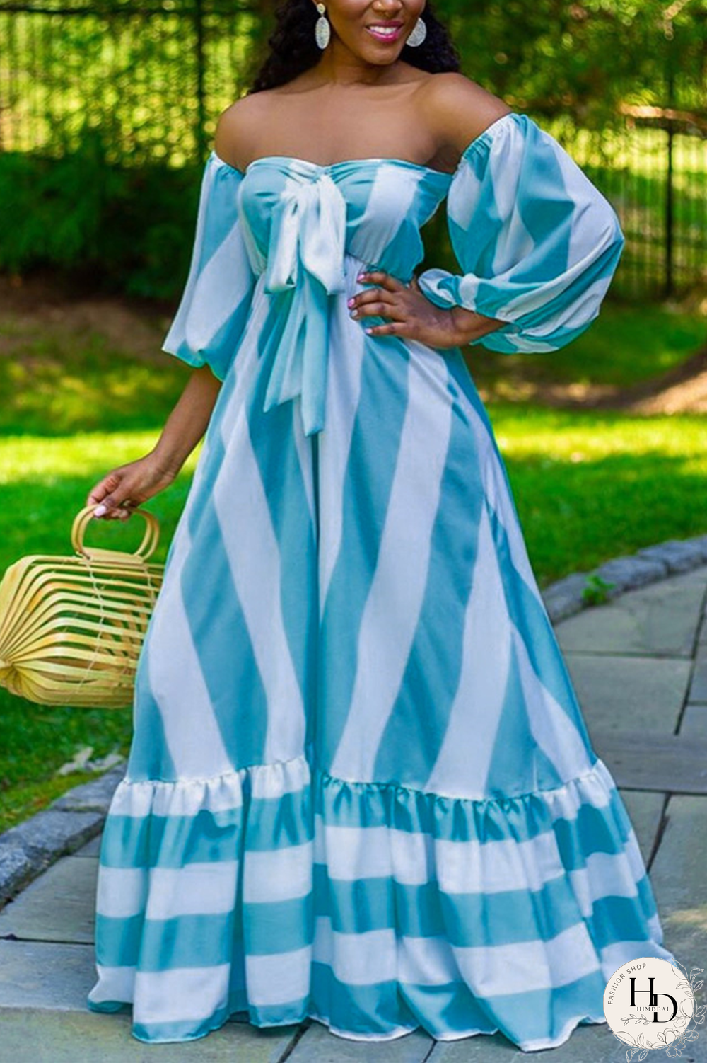 Blue White Fashion Casual Off The Shoulder Strapless Strapless Dress Floor Length Striped Dresses