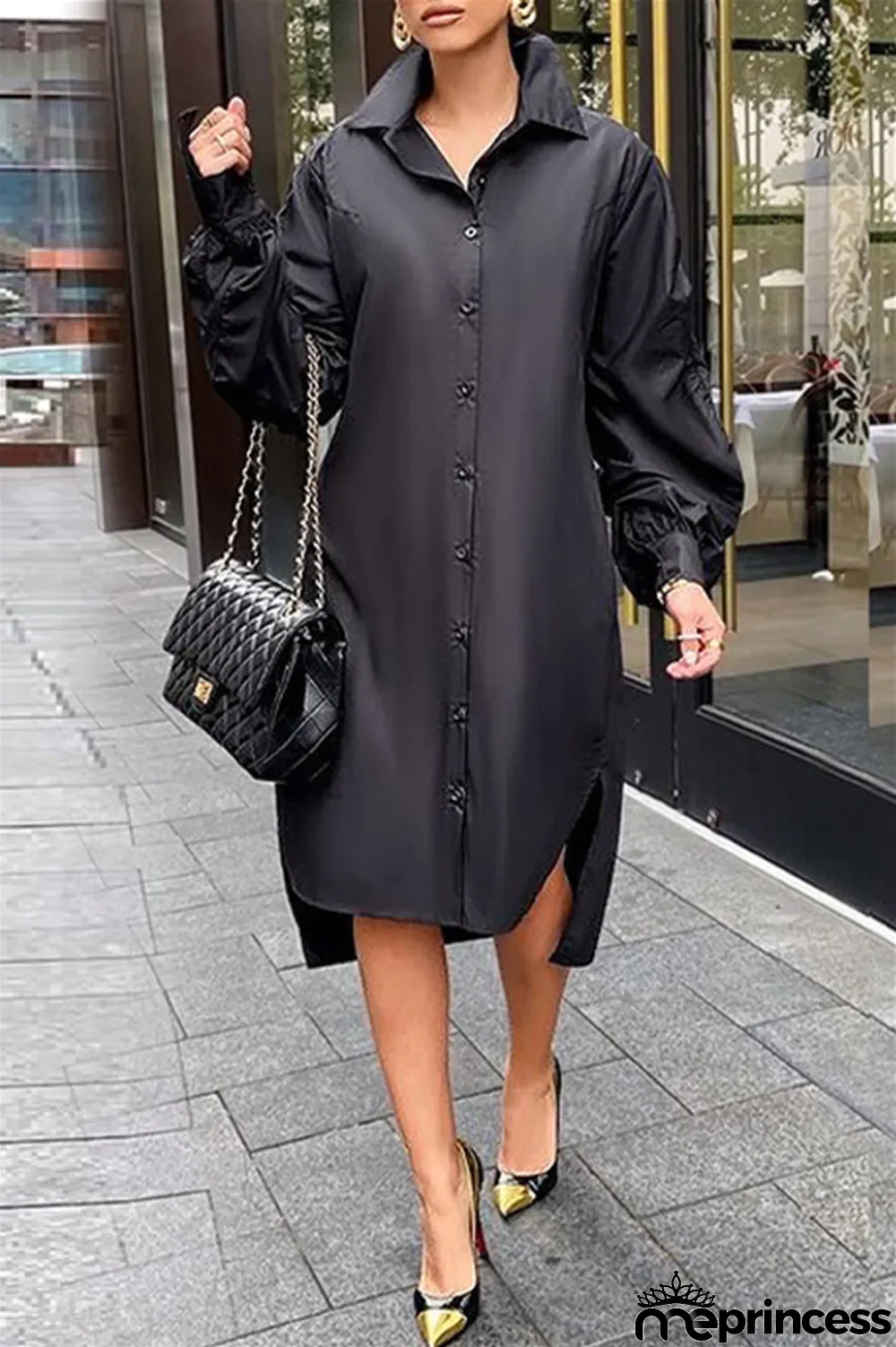 White Fashion Casual Solid Slit Turndown Collar Long Sleeve Shirt Dress