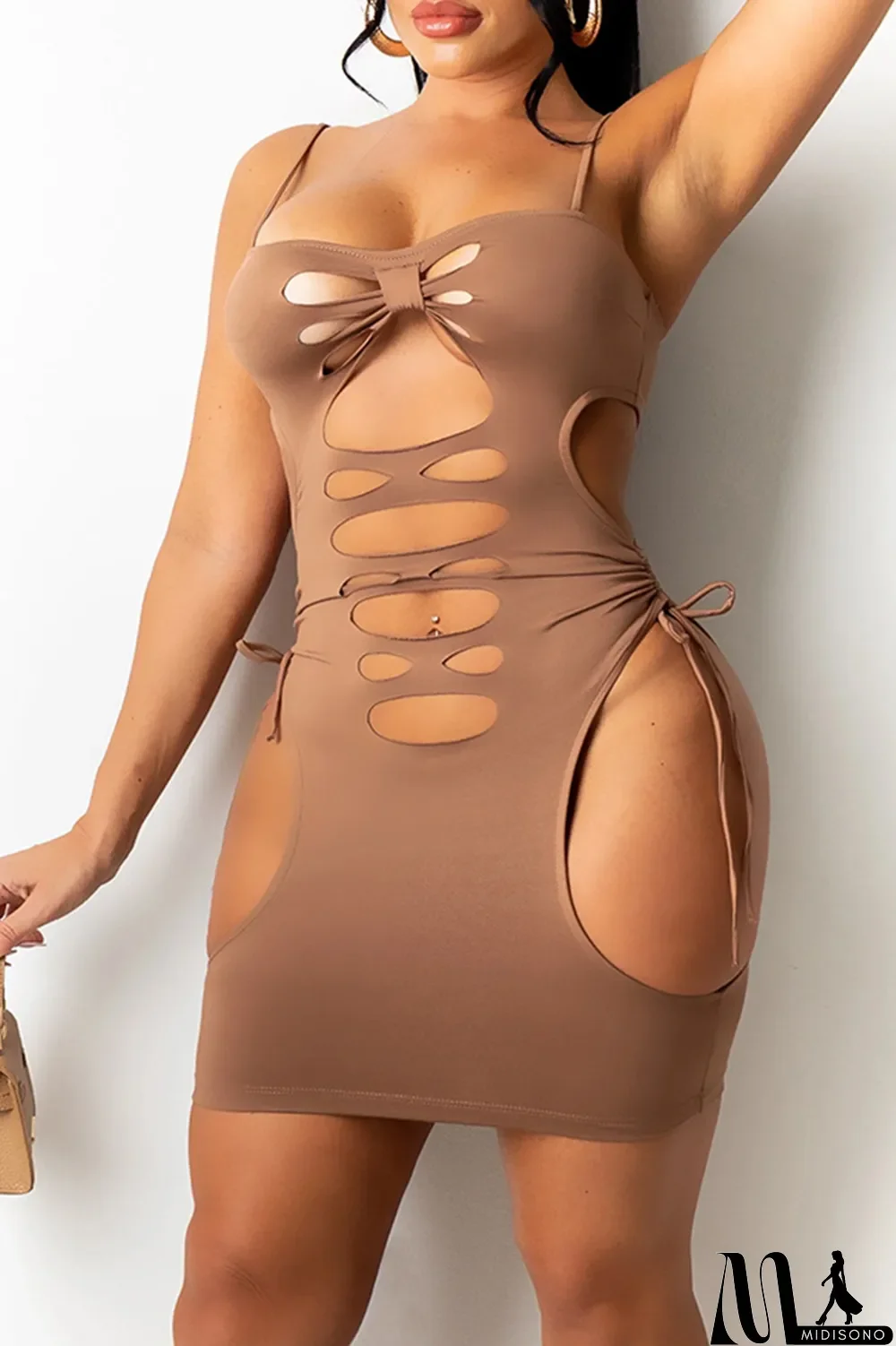 MidiSono - Black Sexy Solid Hollowed Out Backless Strap Design Spaghetti Strap Sleeveless Dress