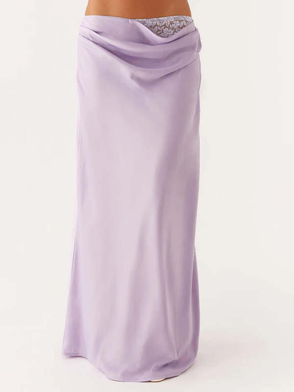 Inner Lace Waist Satin Solid Color Maxi Skirt