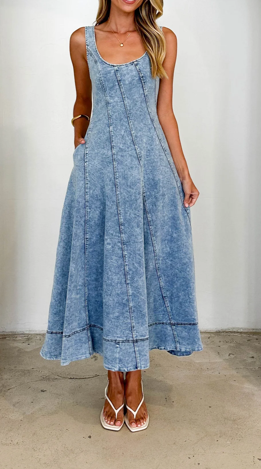 Women's Denim Dress Sleeveless Backless Midi Suspender Denim Dress 