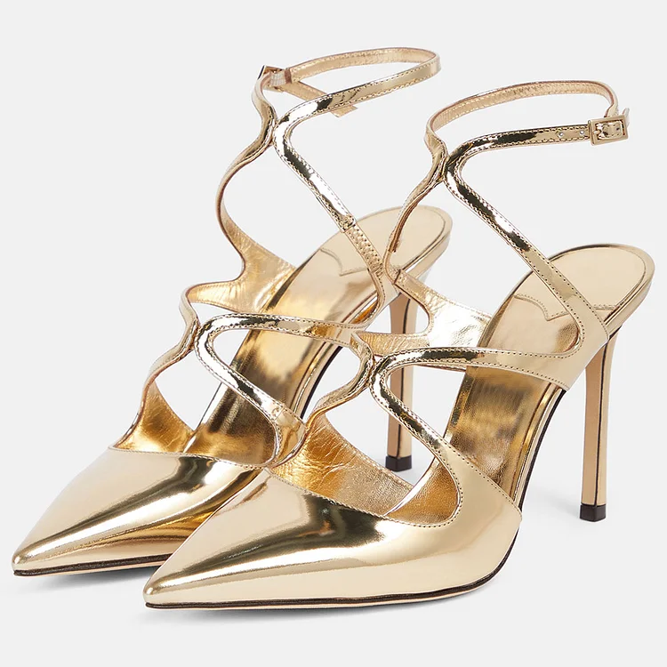 Gold Metallic Prom Heels Pointed Toe Ankle Strap Pumps for Women |FSJ Shoes