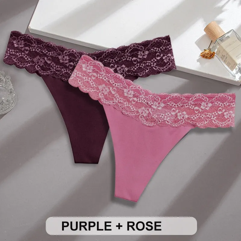 2PCS/Set Lace Panties Sexy Underwear Thong Women Panties G-String Panties Briefs Lingerie Floral V Waist Design Female Underpant