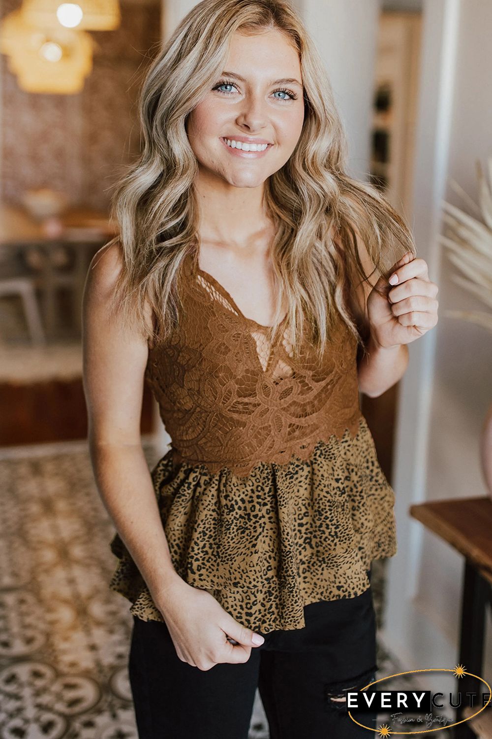 Leopard Contrast Print Lace Strappy Bralette Top