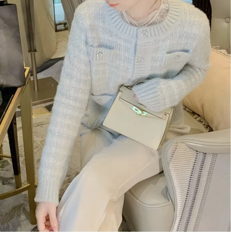 Toloer Toloer Imitation Mink Sweater Female Autumn Winter New Soft Waxy Bright Silk Small Fragrant Wind Temperament Cardigan Sweater Jacket Female-Outfit Ideas