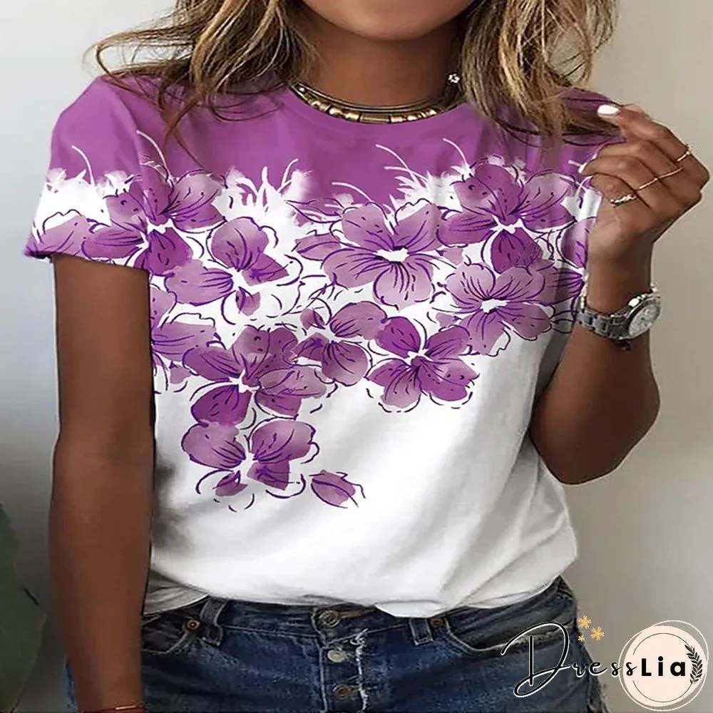 Summer New 3D Printing Ladies Casual Floral Theme Painting T-Shirt Printing Round Neck Soft Fashion Women's Clothing