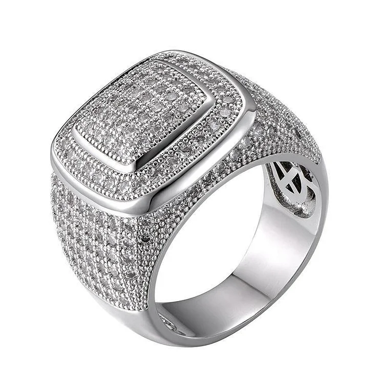 Hip Hop Iced Out Bling Full CZ Charm Tready Square Copper Zircon Ring-VESSFUL