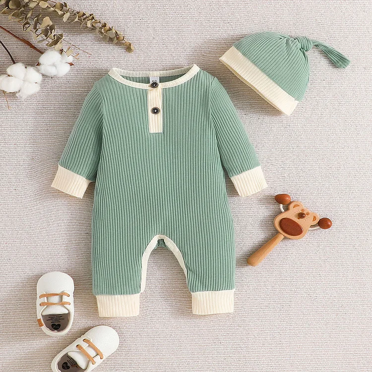  Baby Simple Ribbed Button Romper with Hat