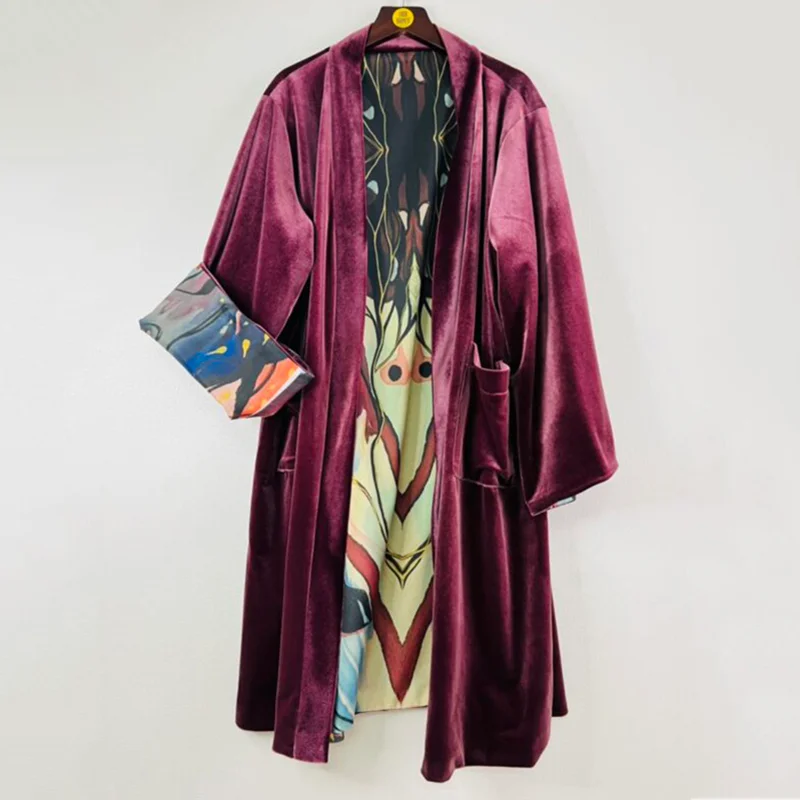 Stylish Lined Fun Printed Velvet Kimono Duster