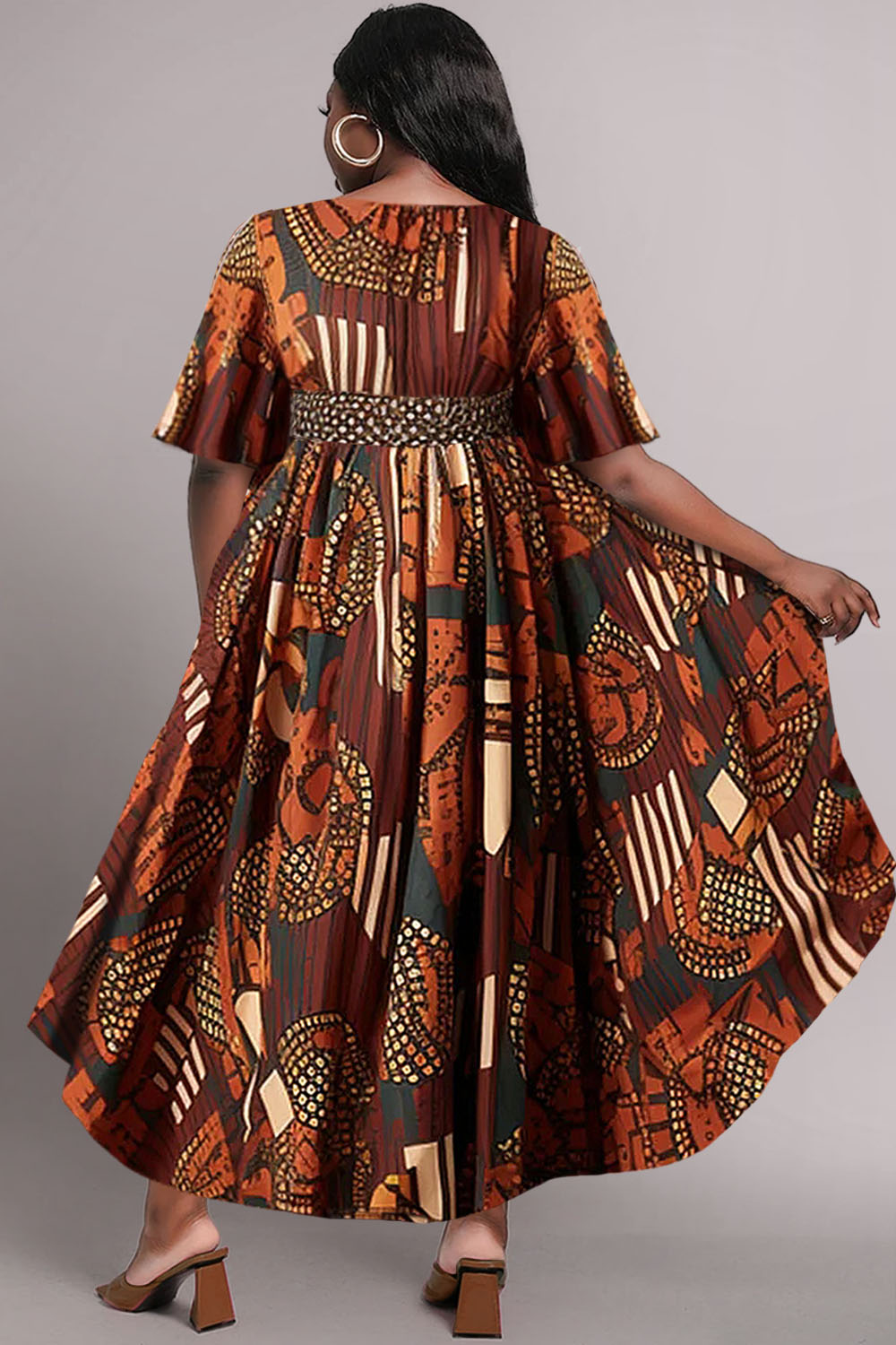 Design Plus Size Brown Ankara Spring Summer Round Neck Short Sleeve Midi Dresses [Pre-Order]