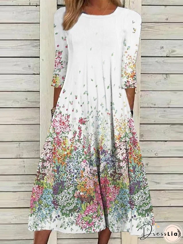 Casual Dress Shift Dress Midi Dress White 3/4 Length Sleeve Floral Ruched Summer Spring Round Neck Vacation S M L XL XXL 3XL for Women
