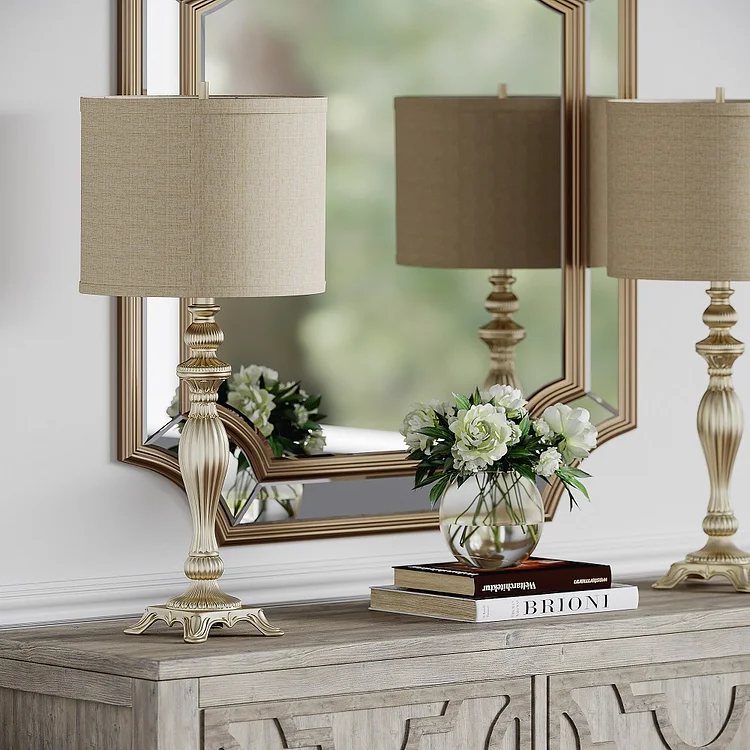 Bestier 31" Traditional Table Lamp Set of 2 Linen Fabric Drum Shade in Gold