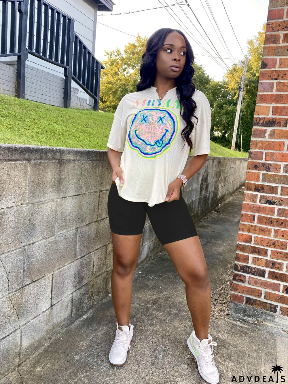 Smiley Print Casual Two-Piece Set